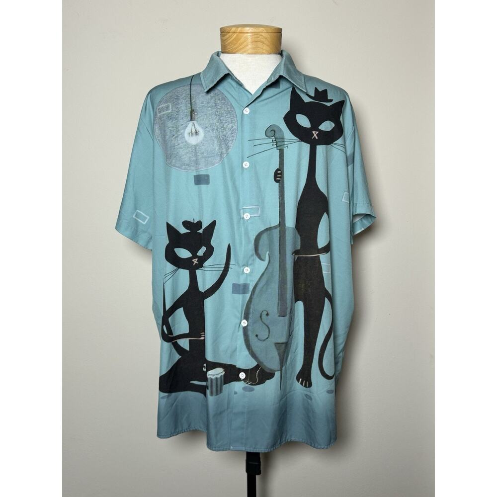 Hawalili Jazz Cats Shirt Mens XXL Teal Mid-Century Modern Atomic Rockabilly MCM